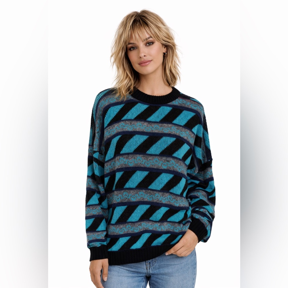 Vintage Carmelton Sweater Large Made USA Oversized Teal Black Geometric 90s